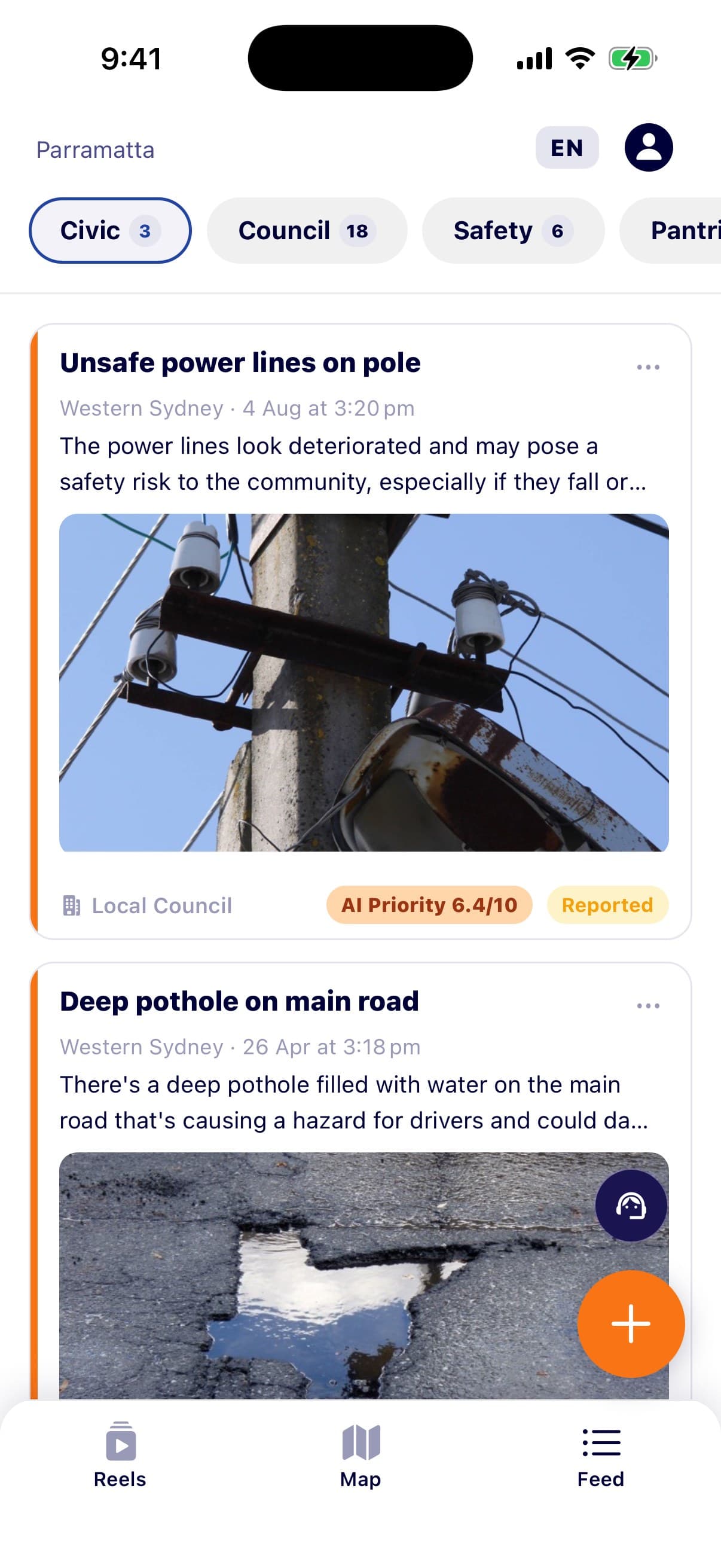 The civic feed showing reported streetlight faults with AI priority scores and status badges
