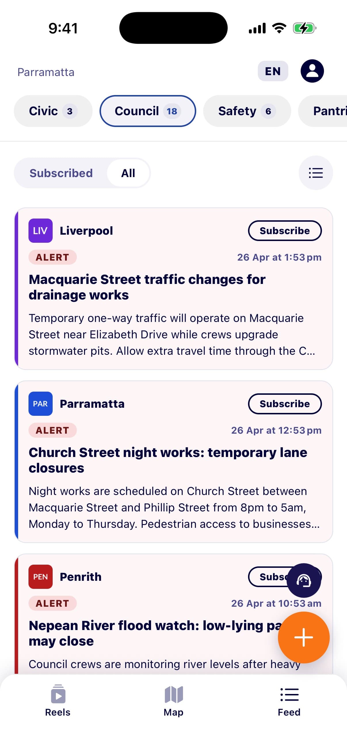 The council feed with alerts published by Liverpool, Parramatta and Penrith councils