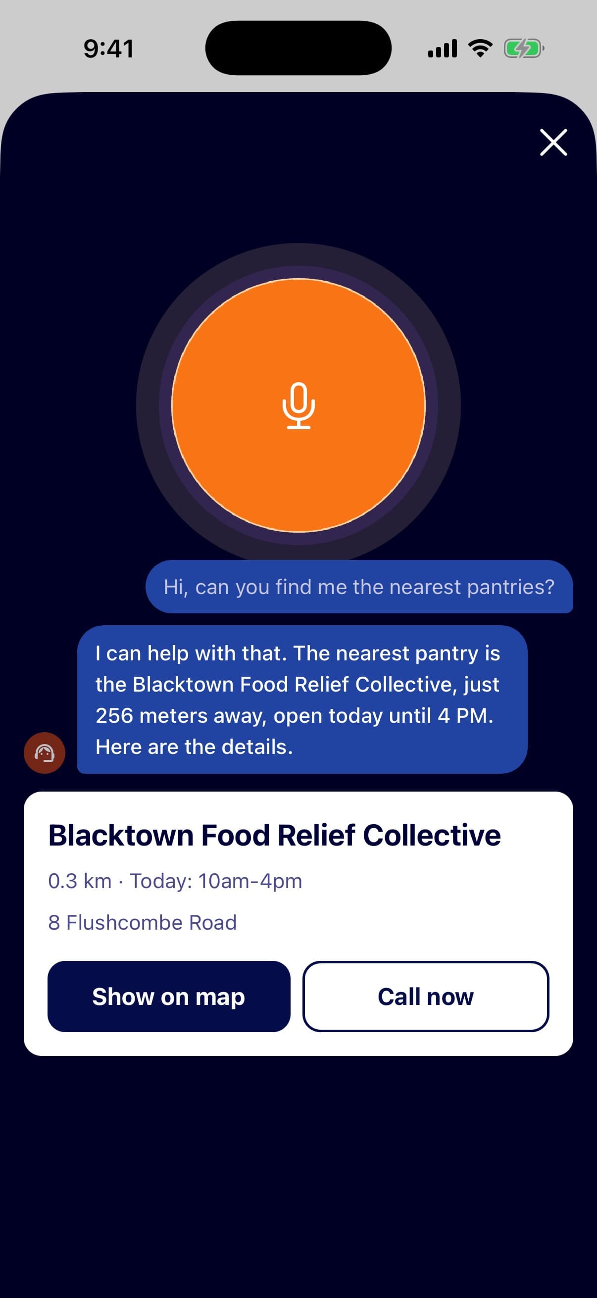 Hey Argus answering a spoken question about the nearest pantry, returning a result card for the Blacktown Food Relief Collective with its distance, hours and call button
