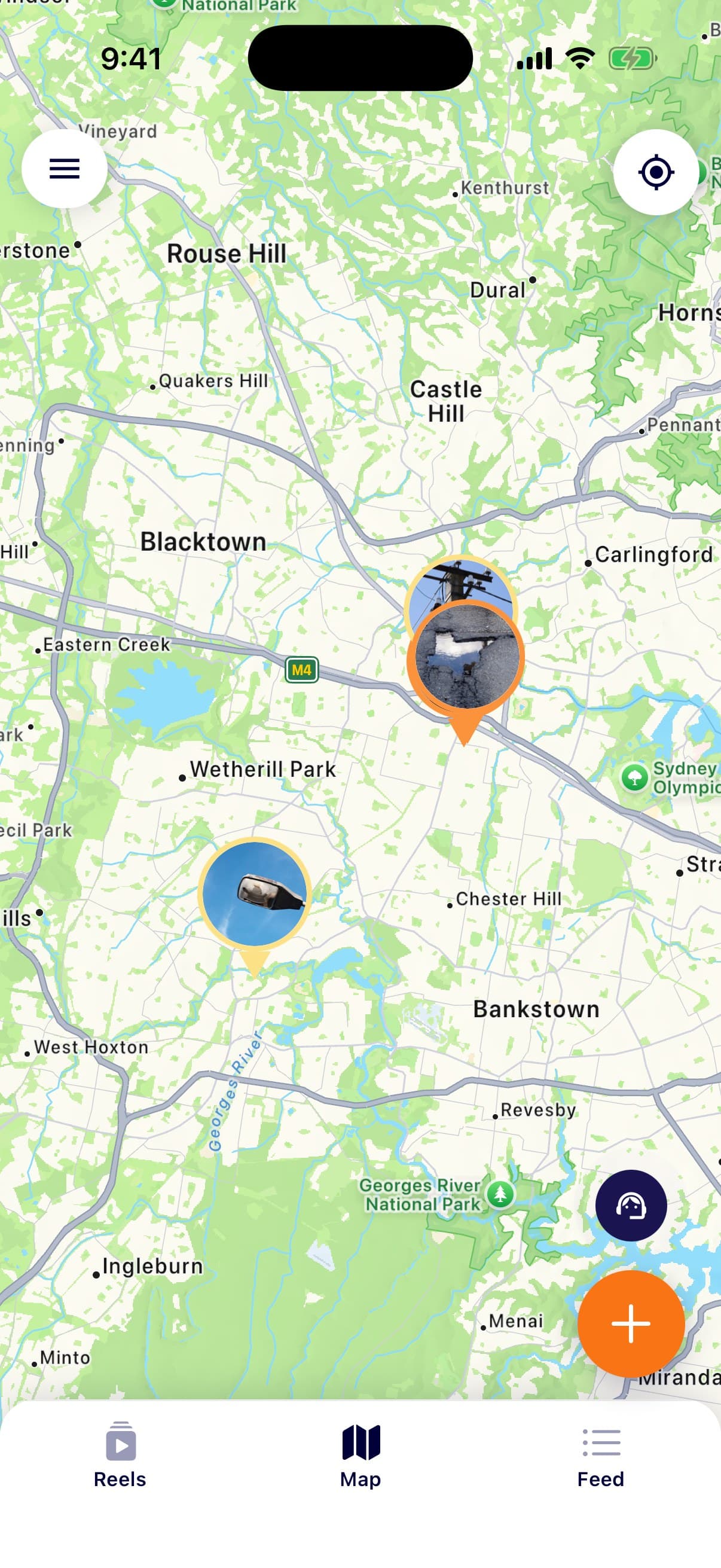 The map of Western Sydney with photo pins on reported issues across Blacktown, Wetherill Park and Bankstown