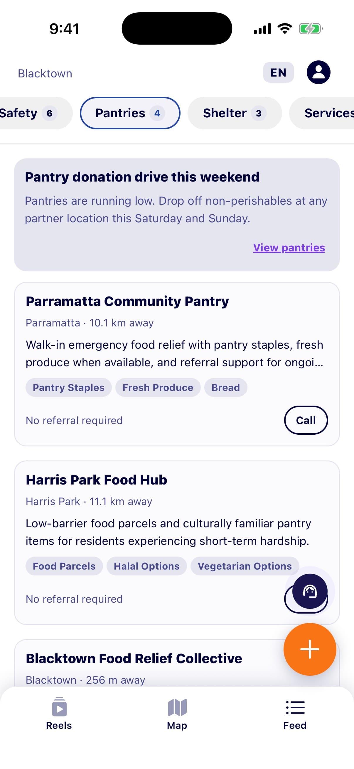 The pantries tab, listing community food relief locations with distance, opening categories and referral status