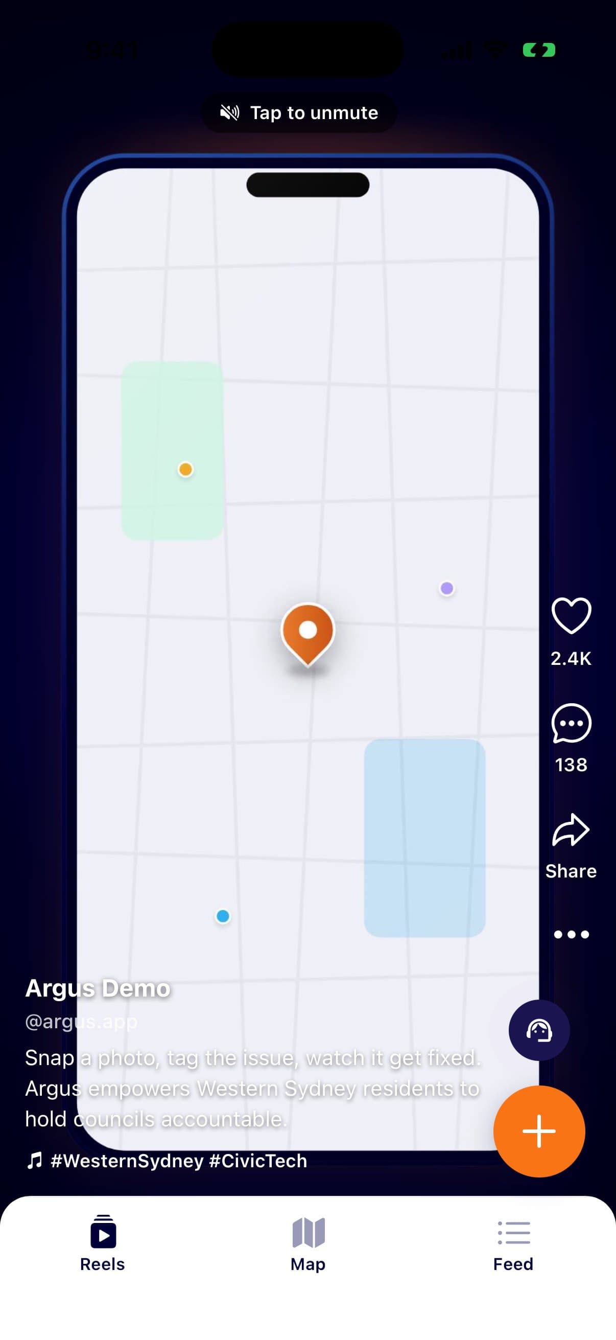 The ARGUS reels tab, a short video feed introducing the app