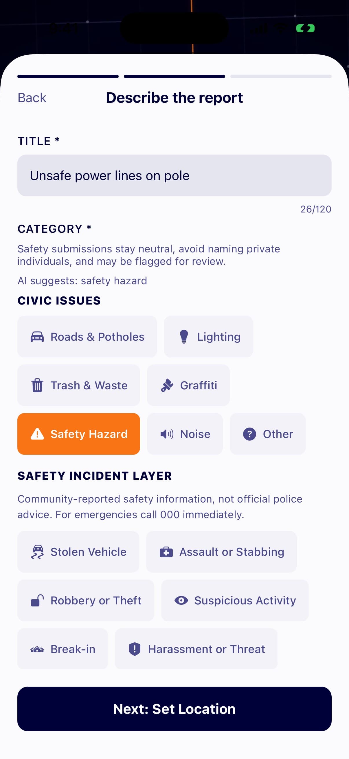 The describe step with the title and category already filled in from the AI suggestion