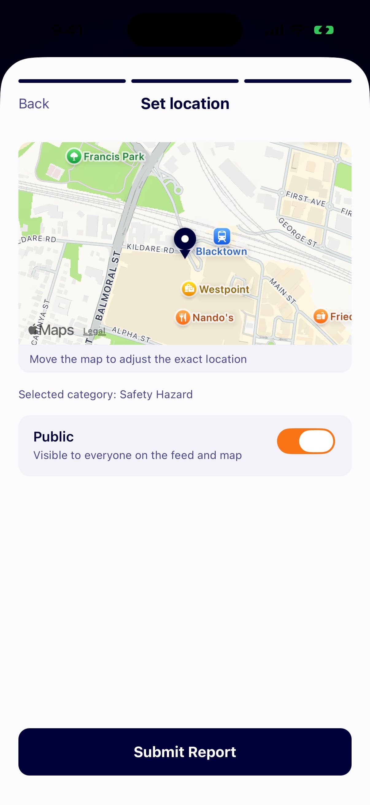 The locate step, a map pinned on Blacktown with a public visibility toggle and a submit button