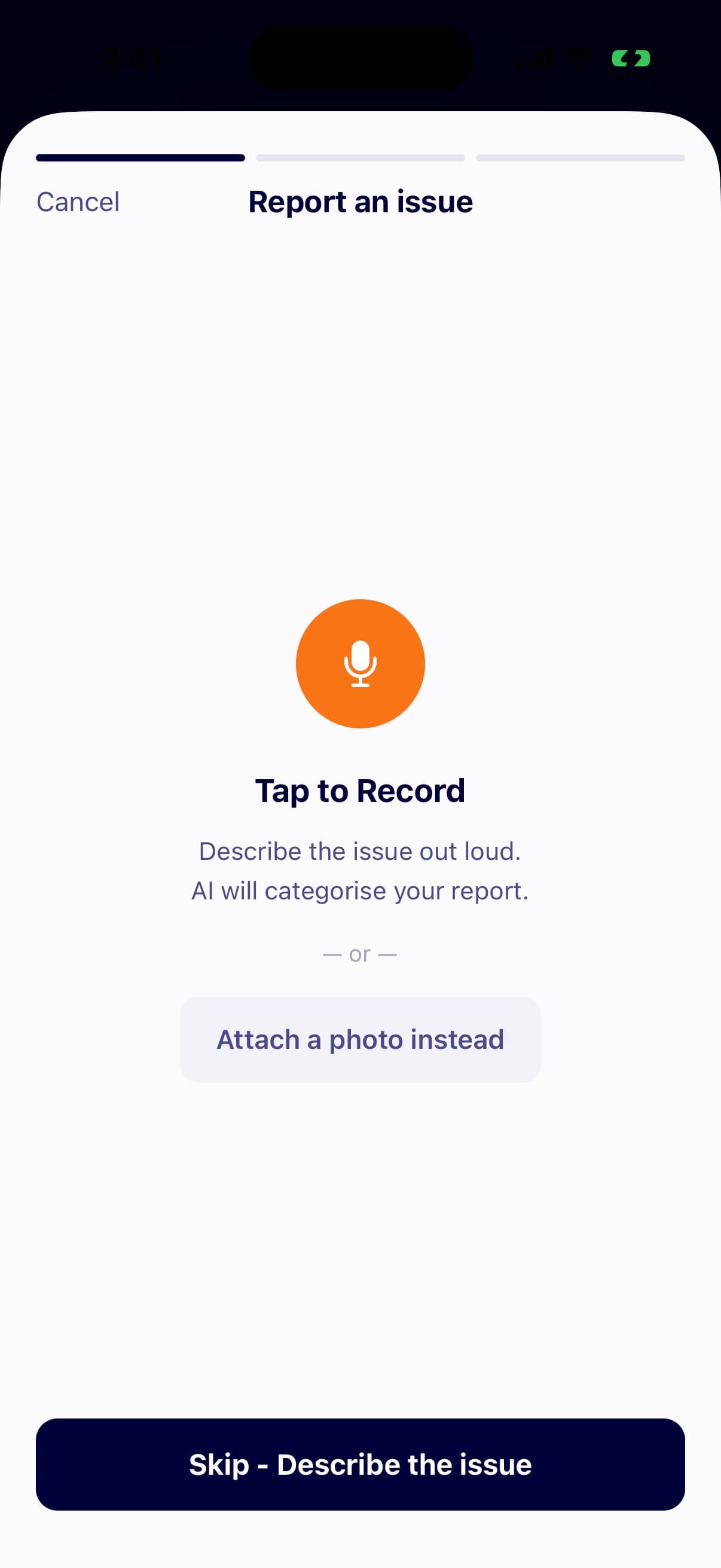 The report wizard on its audio-first first step, a record button with the option to attach a photo instead
