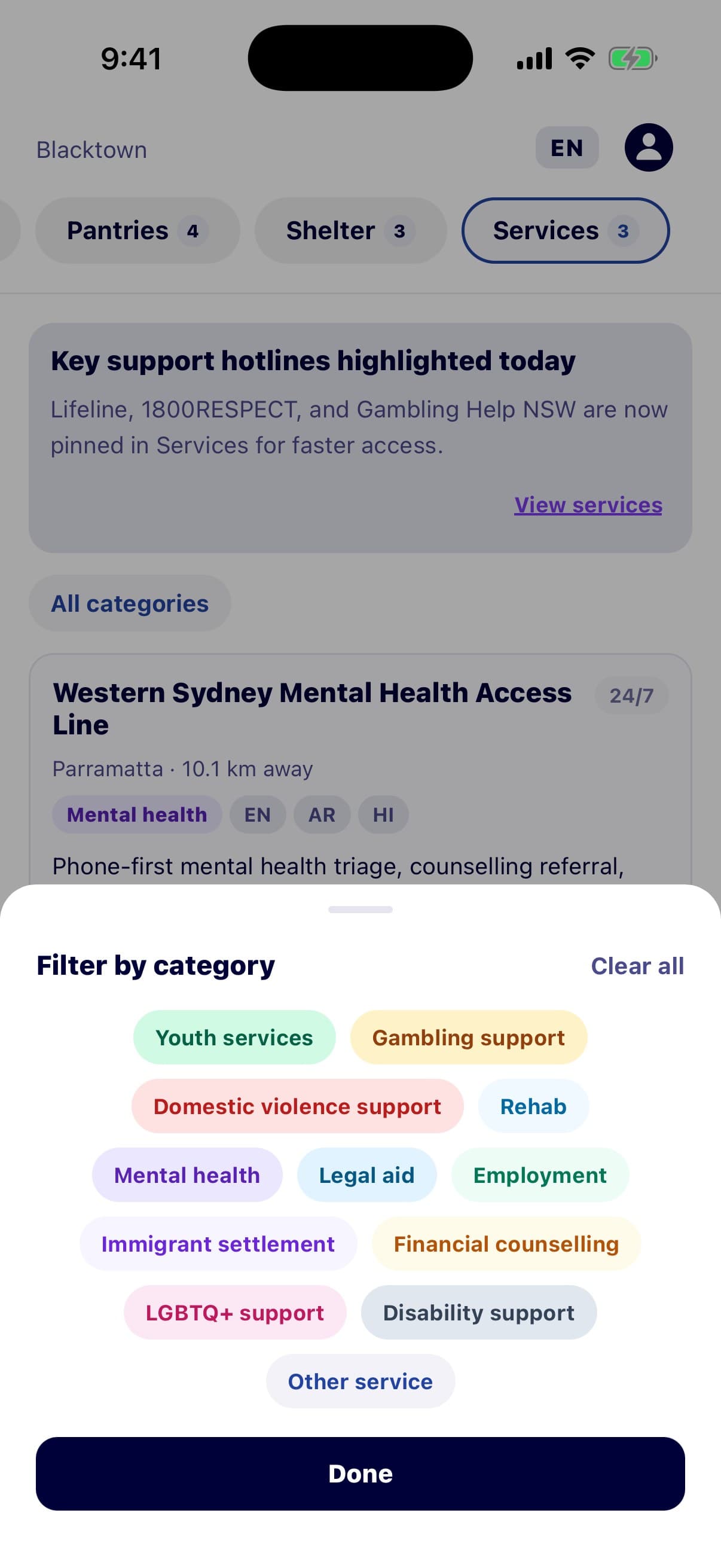 The services tab with the category filter sheet open, offering mental health, legal aid, domestic violence support and other categories